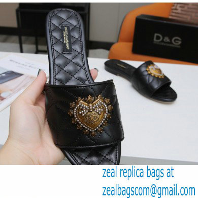 Dolce & Gabbana Leather Sliders Black with Devotion Heart 2021